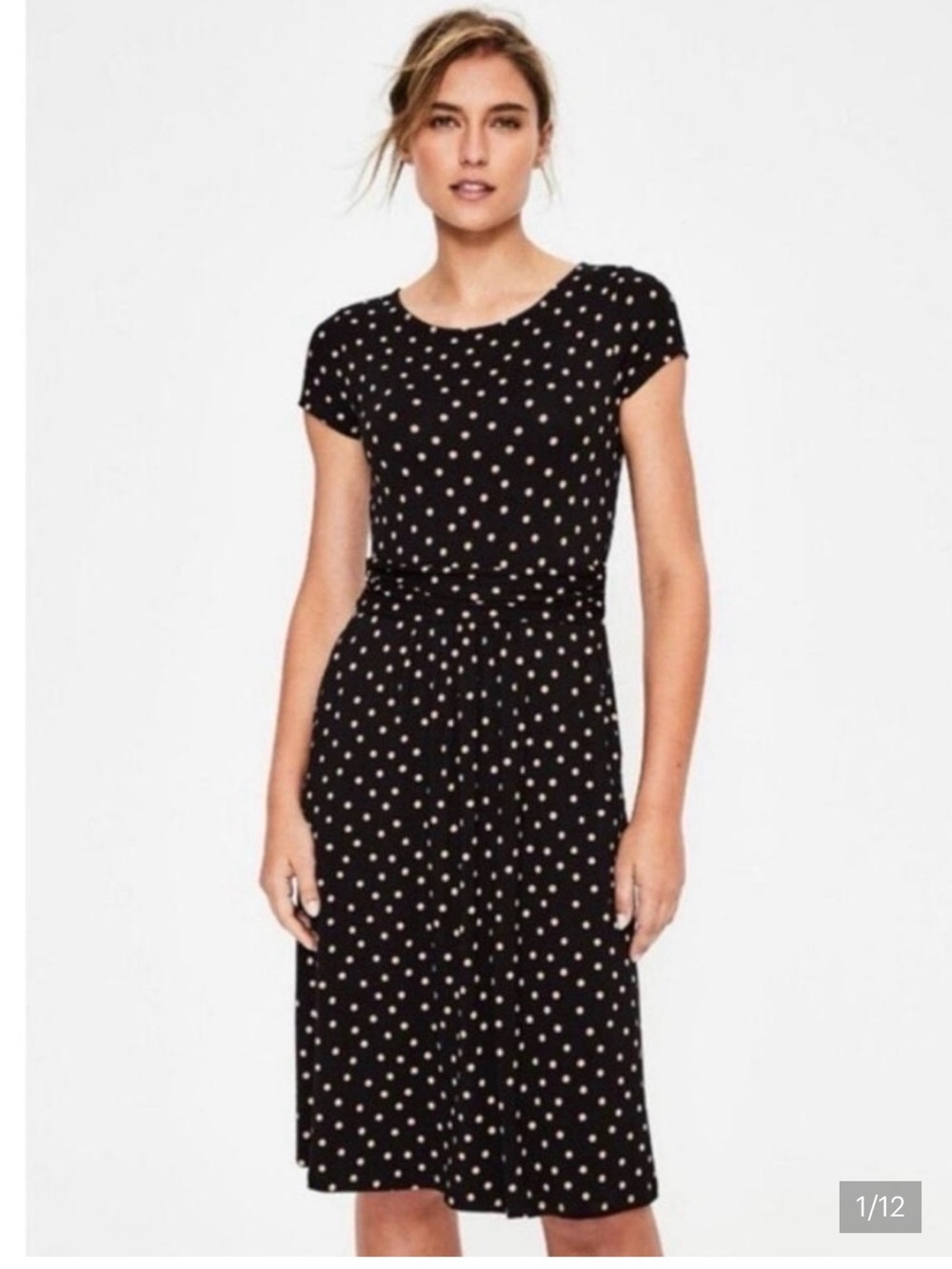 Boden Polka Dot Short Sleeve Tie-Waist Dress in Black 12R